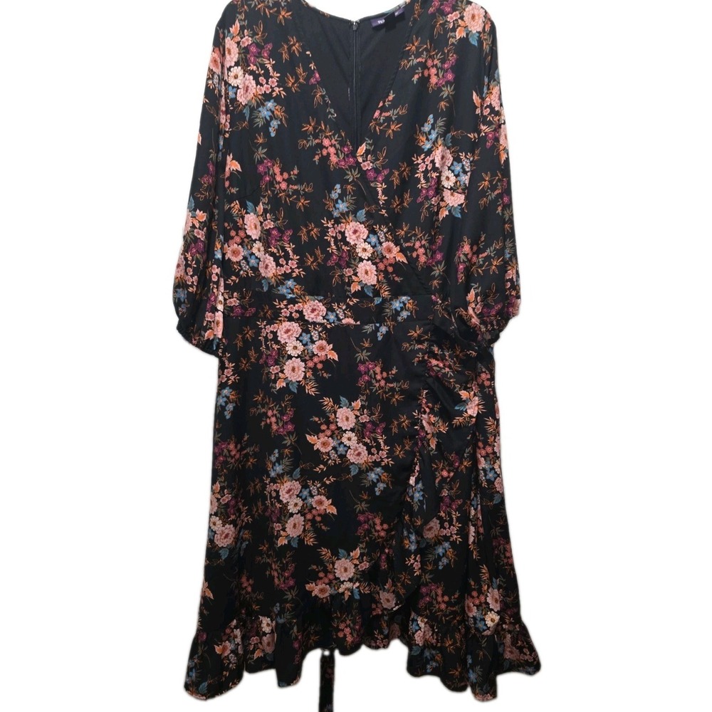 Roaman's Plus Size 32W Black Floral Faux Wrap Midi Dress‎ Belted Long Sleeve